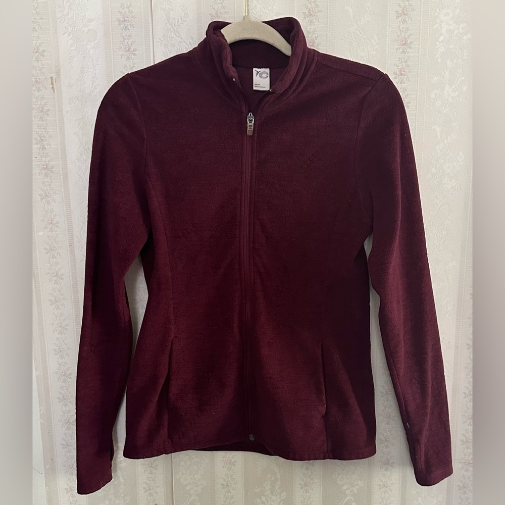 Zip up  maroon athletic cardigan sweater.